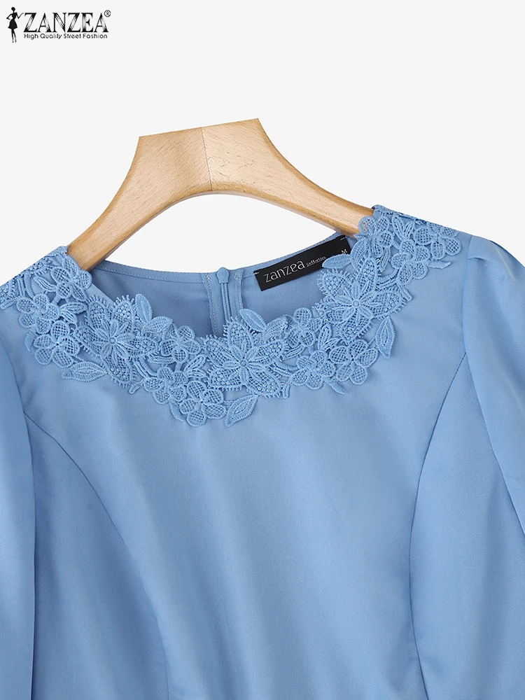 بلوزات ZANZEA النسائية الأنيقة المرقعة بالدانتيل موضة خريف 2025 رقبة مستديرة 3/4 كم بلوزات بحاشية مكشكشة بلوزات بيبلوم صلبة