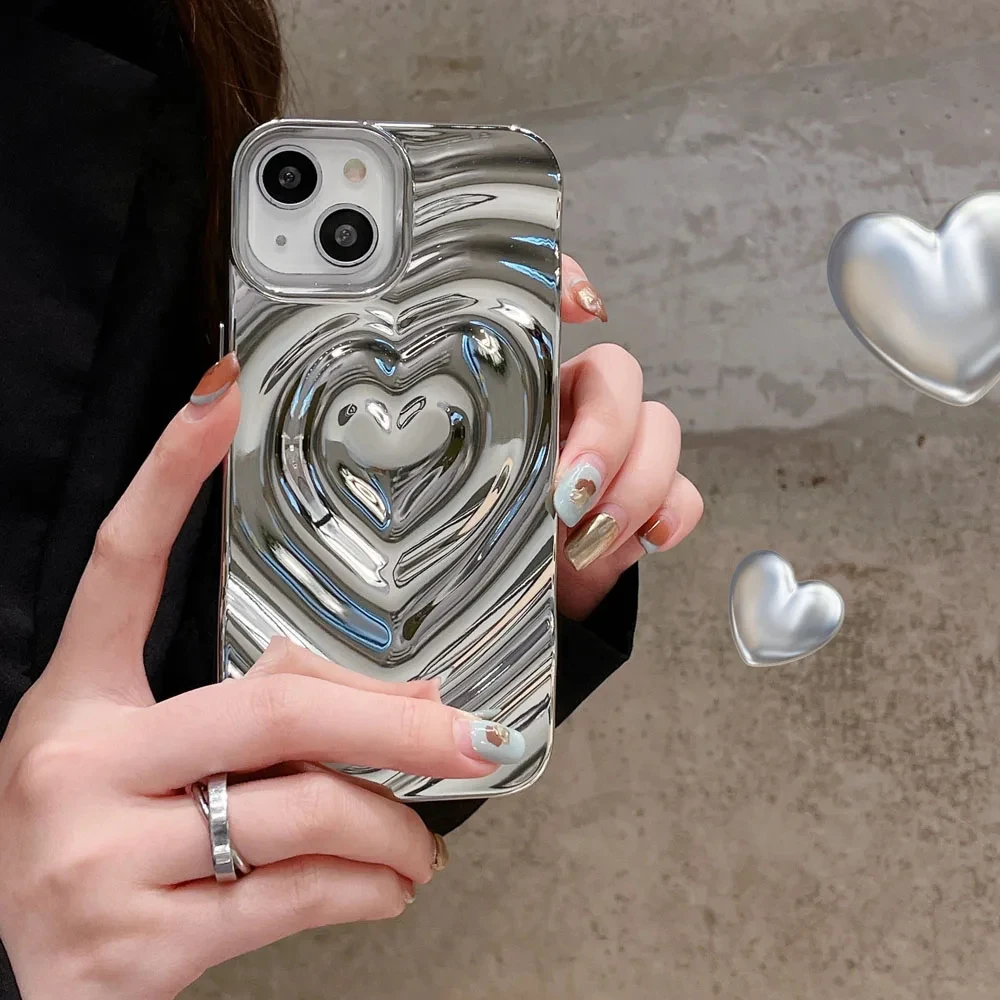 INS Glossy Love Heart Phone Case For iPhone 15 14 Pro Max 13 12 11 Pro Max Cute Fashion Soft Silicone Bumper Shockproof Cover