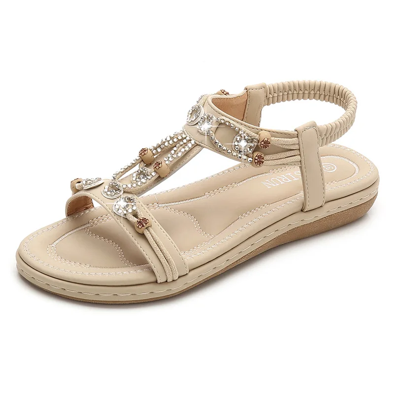 

Plus Size 35-42 Shoes for Women Summer Fashion Sandals Flat Casual Bead Slip on Sandalias Flip Flop Roman Rhinestone Beach Shoes