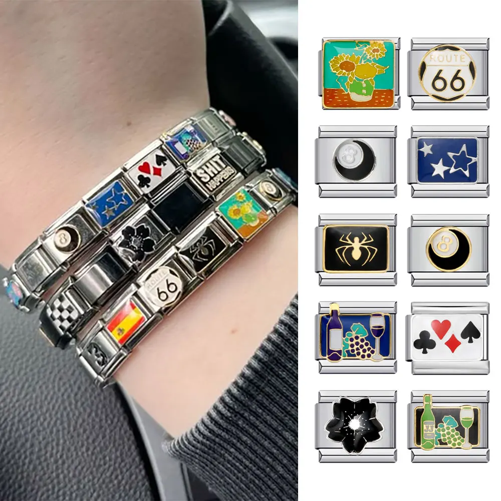 Дизайнерская-черная-серия-diy-Итальянский-браслет-подвеска-spider-poker-star-route-66-Подходит-для-браслета-из-нержавеющей-стали-9-мм-для-женщин-и-мужчин-Ювелирные-изделия