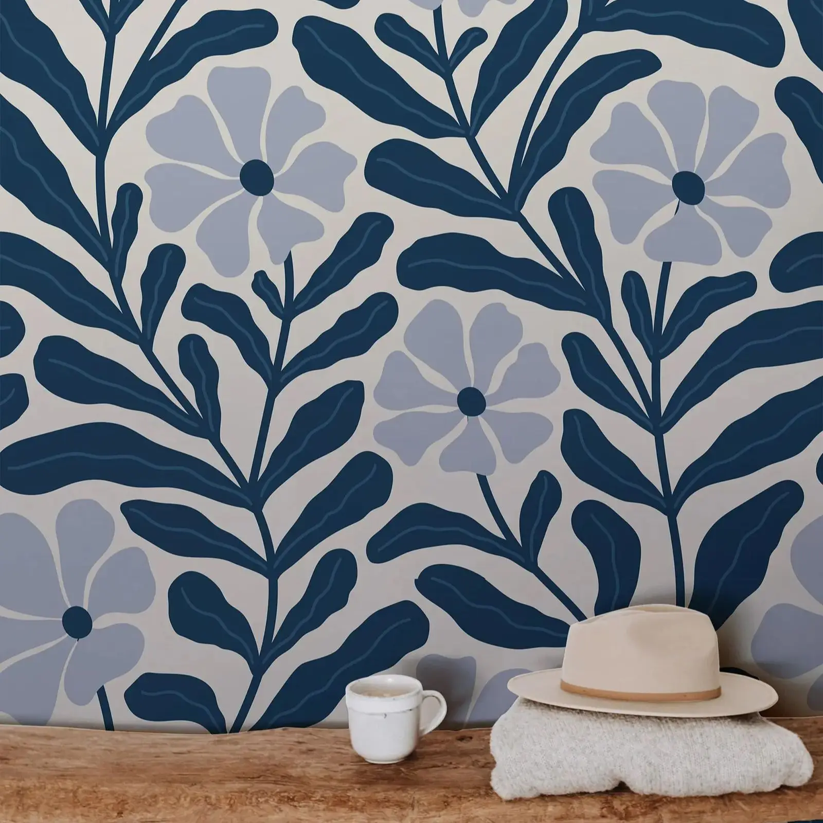 花の形をした抽象的なネイビーブルーの壁紙,家の装飾のための粘着性の壁紙,壁の芸術,カスタムサイズと色