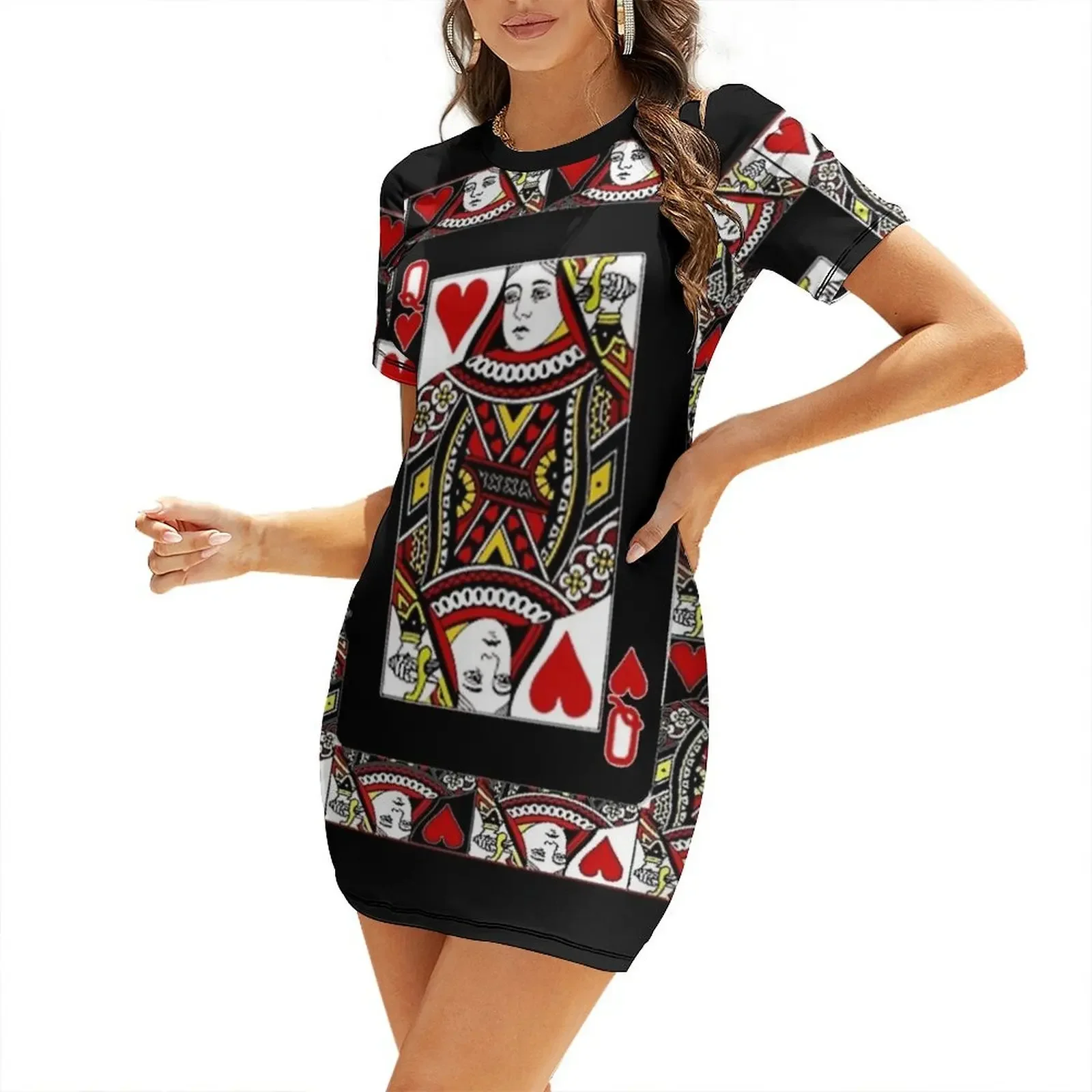 

BLACK CASINO CARDS RED QUEENS OF HEARTS ABSTRACT Short-Sleeved Dress Evening gown clothes Dress