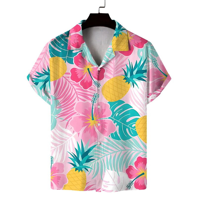 Men's summer Cuban collar short-sleeved shirt with plant and flower print men's shirt fashionable, comfortable and breathable