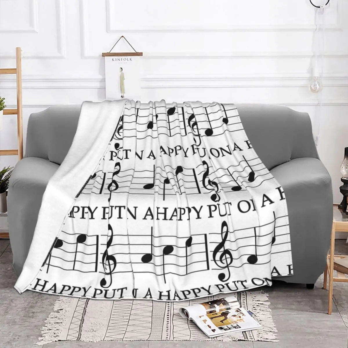 F A C E Music Key Note Six-stringed instrument Blanket Flannel All Season Super Warm Throw Blankets For home Plush Thin Quilt