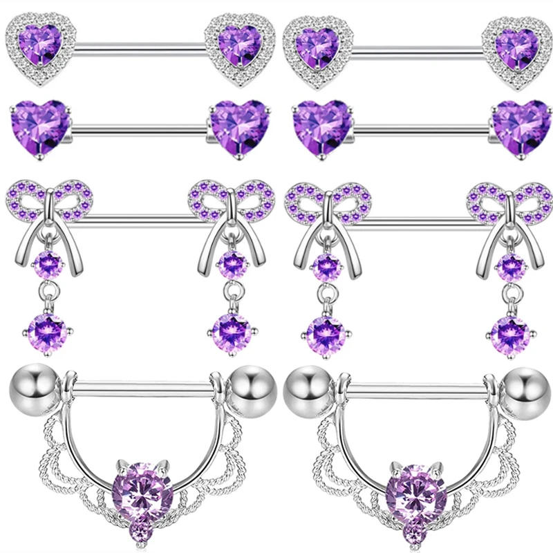 Purple Butterlfy  Nipple Piercing Jewelry Set 14G Heart Crystal Nipple Ring Bulk Women Nipples Barbell Pack Piercing Pezon Lot
