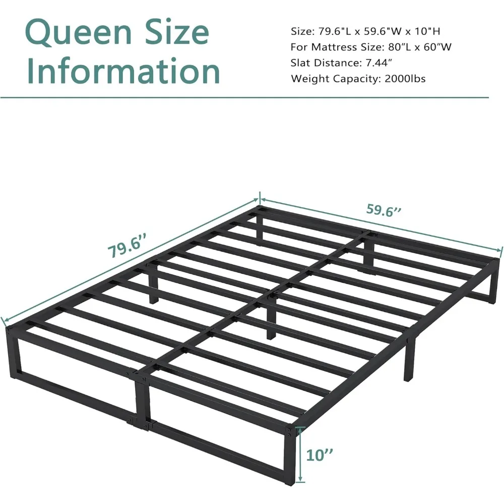 Estrutura de cama de metal queen size 10 polegadas, base de colchão queen resistente preta, sem necessidade de molas de caixa, sem ruído, montagem fácil