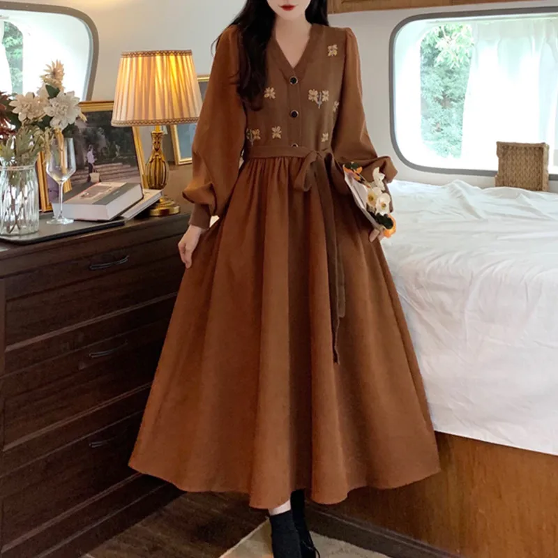 V-Ne Embroidered Floral Knitted Patchwork Corduroy Long Dr Autumn Winter plus Size Waist-Cinching Belted Dr for Coat