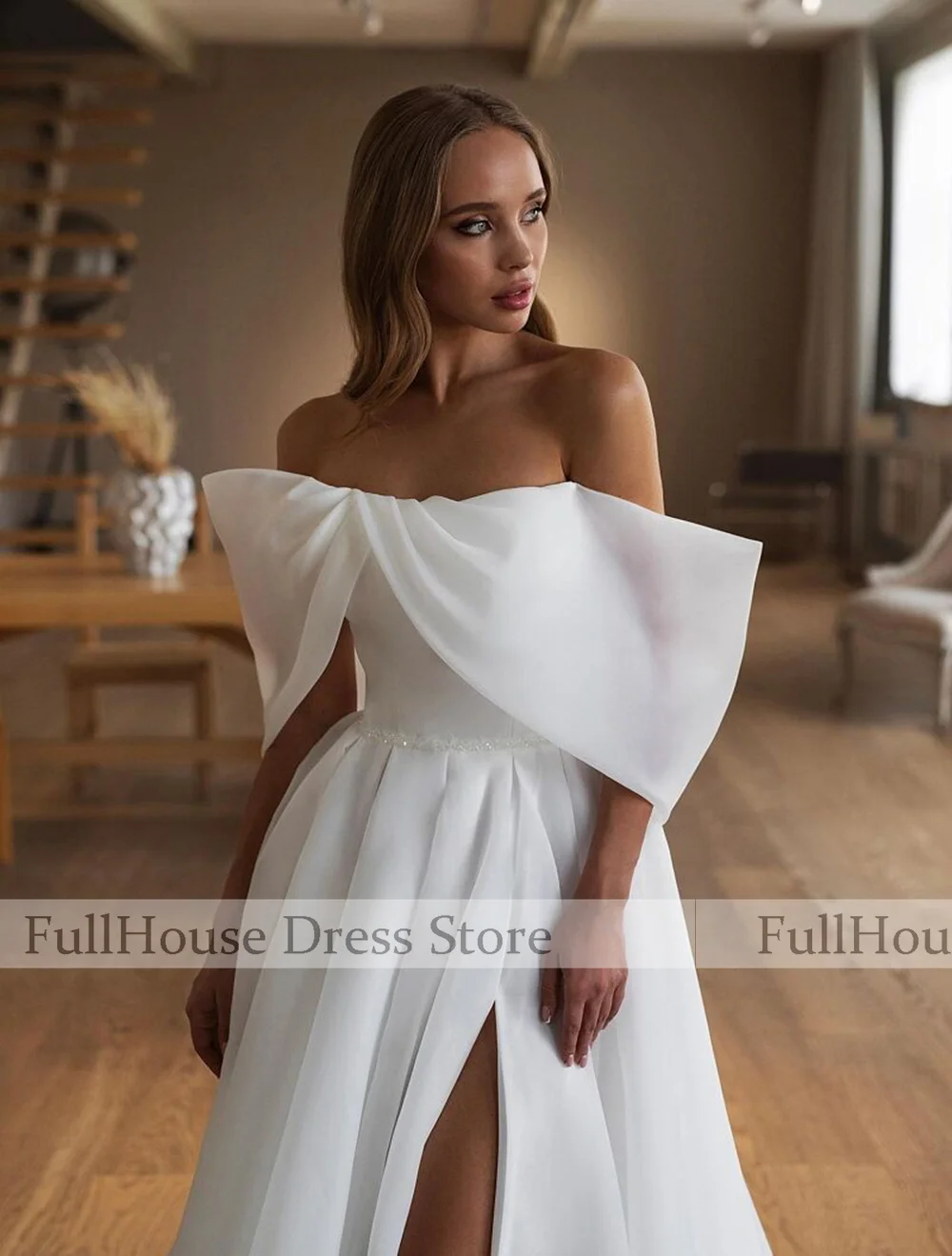 Vestido de novia sin espalda con abertura lateral plisado de Organza con hombros descubiertos hecho a medida vestido de fiesta nupcial hasta el suelo de cristal con corte