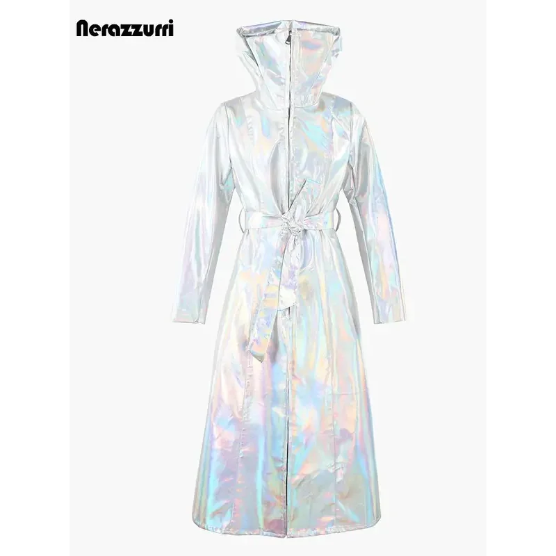 

NewAutumn Long Laser Shiny Sliver Red Patent Pu Leather Trench Coat For Men Belt Double Breasted Luxury Designer Clothes 2023202