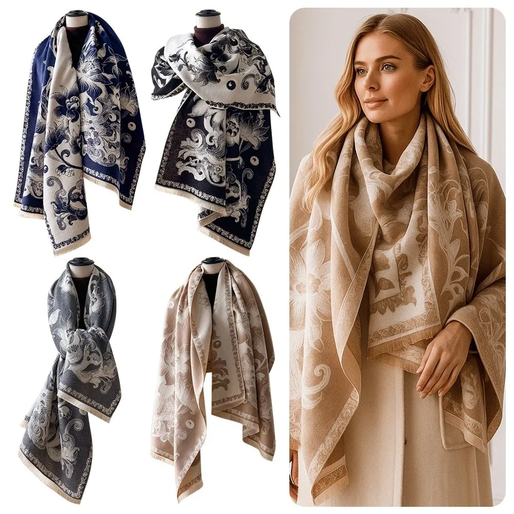 

Luxury Versatile Imitation Cashmere Scarf Lotus Print Windproof Pashmina Blanket Scarves Warm Thick Poncho Scarves for Women
