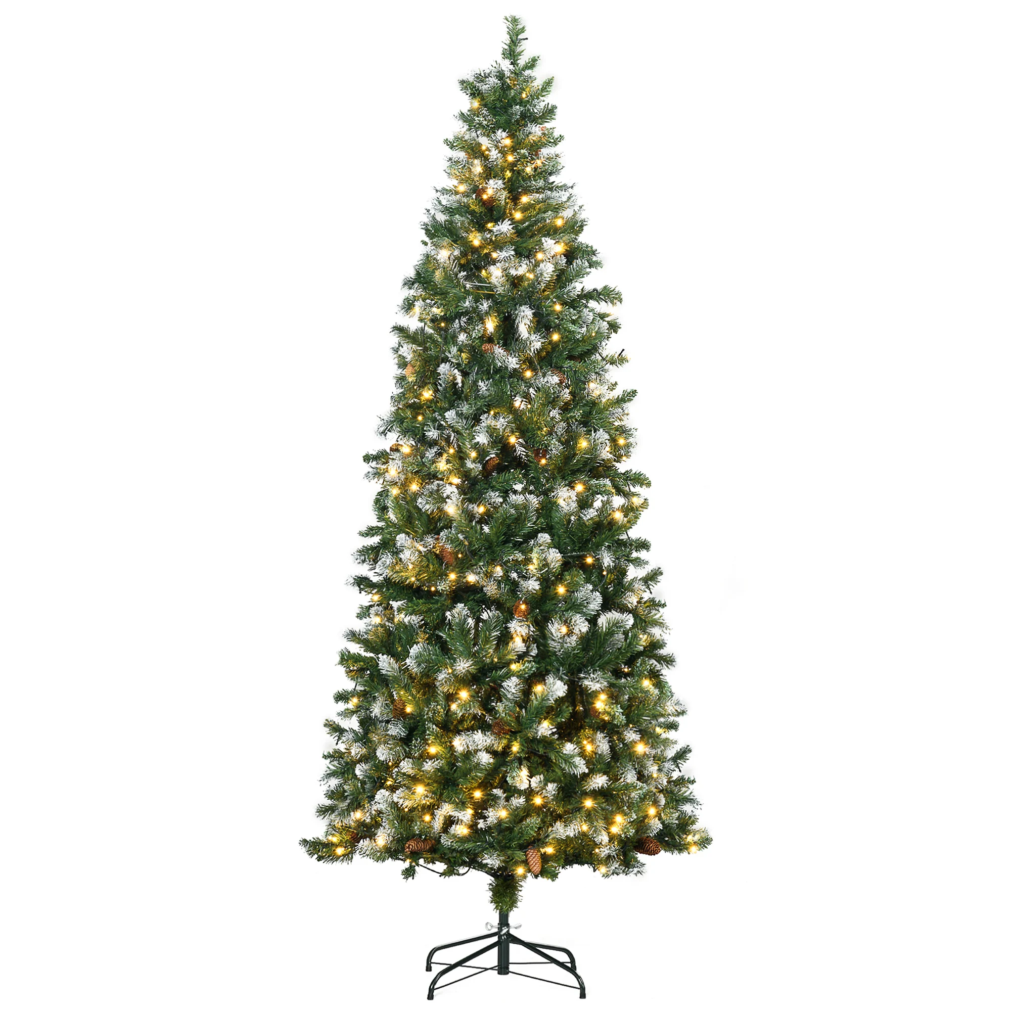 HOMCOM Artificial Christmas Tree with LED Lights Height 230 cm Narrow Christmas Tree with 1051 Branches 45 Pineapples and Glossy Powder Collapsible Base Green 100x230 cm