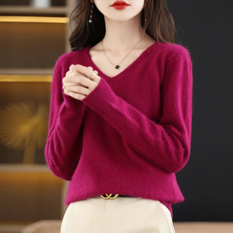 BELIARST 2024 Autumn Winter New Women's Clothing Sweater 100% Mink Cashmere Velvet V-Neck Pullover Knitted Large Size Tops