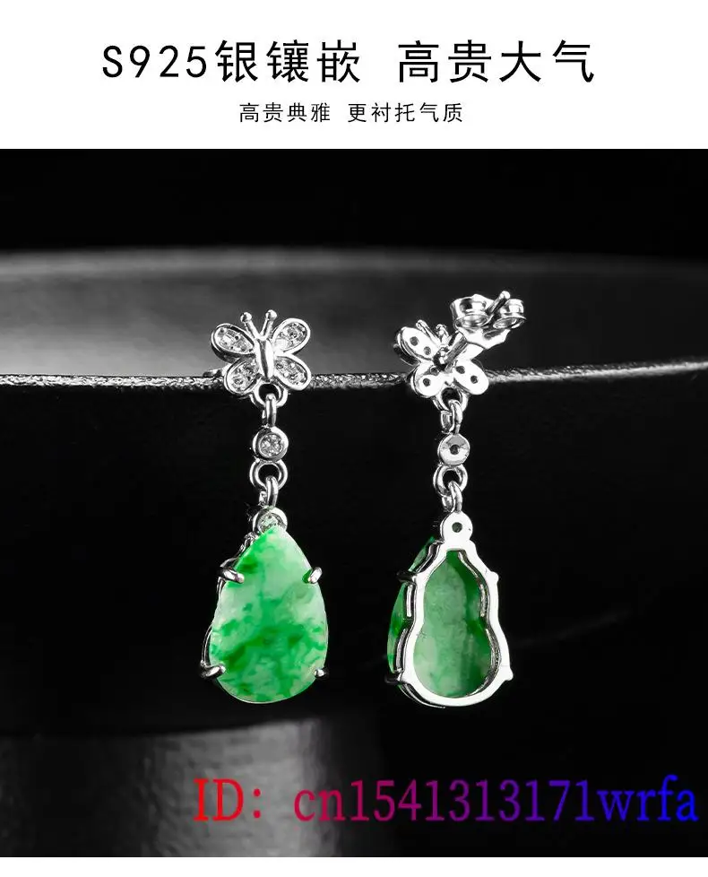 Anting-anting tetesan air giok hijau Myanmar hadiah batu permata untuk wanita jimat energi diukir asli kreasi Jadeite desainer 925 perak