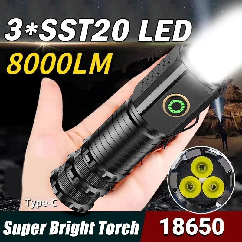 High Quality 3*SST20 LED Aluminum Alloy Flashlight with Magnet 18650 Battery Rechargeable Torch for Outdoor Hiking Camping