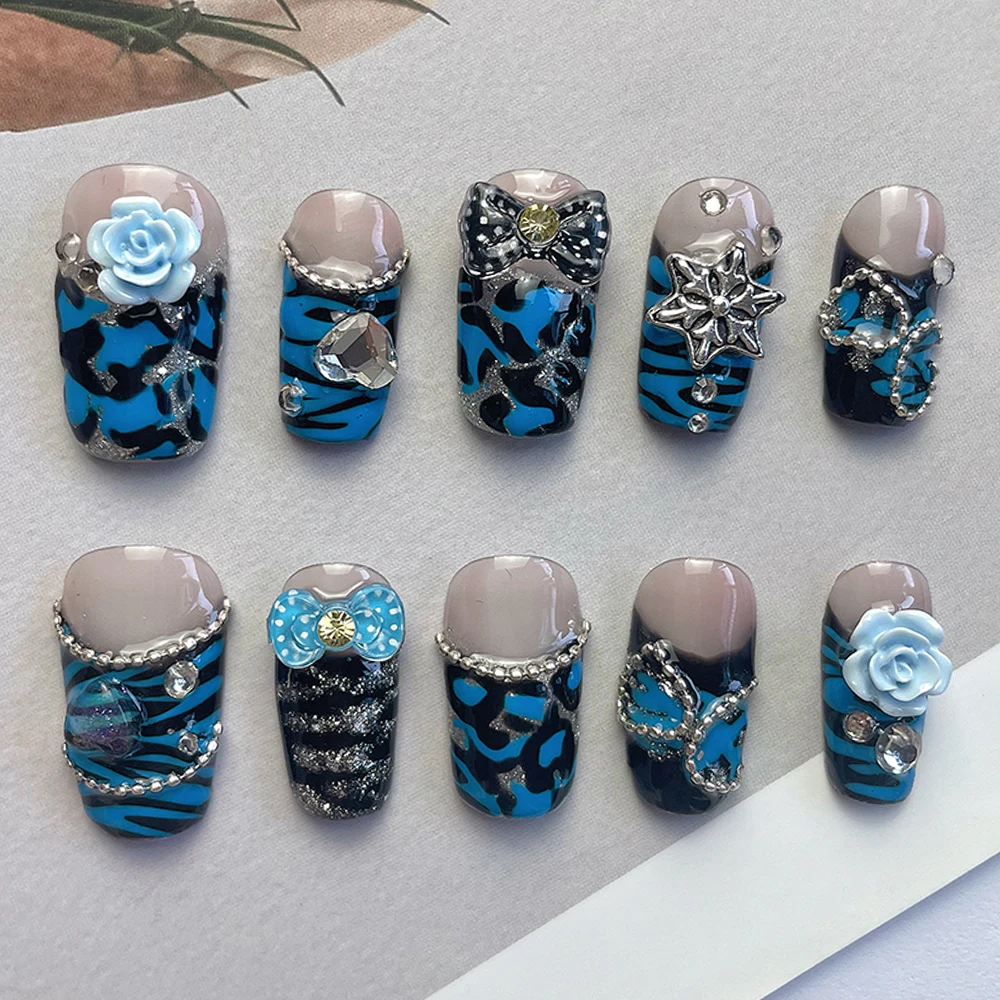 Blue Black Spicy Girl Short Square Press On Nails Art Leopard Print 3D Flowers Diamond Full Cover Nail Ring Crystal Bracelet Set