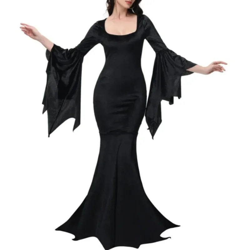 Disfraz de Halloween Cosplay Morticia Adams Primate Vestido Negro de la Familia Adams Retro Gótico con Mangas Acampanadas y Cola de Pez para Mujer