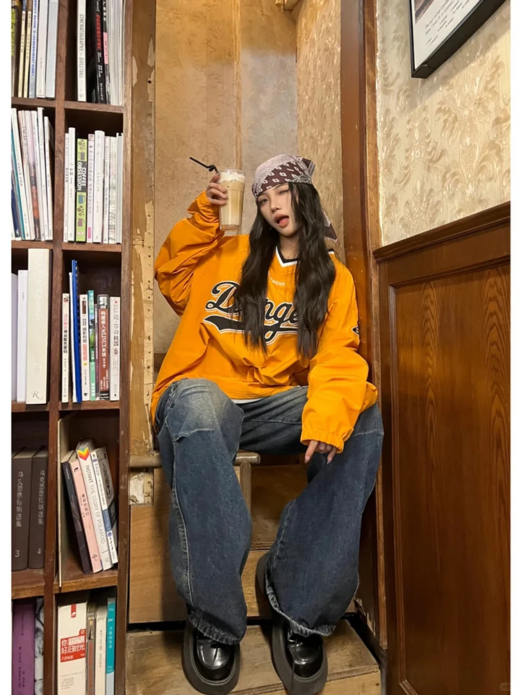 

American Sports Style Jersey Long Sleeved Sweatshirt for Women Autumn High Street Loose Hip Hop Vintage V-neck Pullover Top