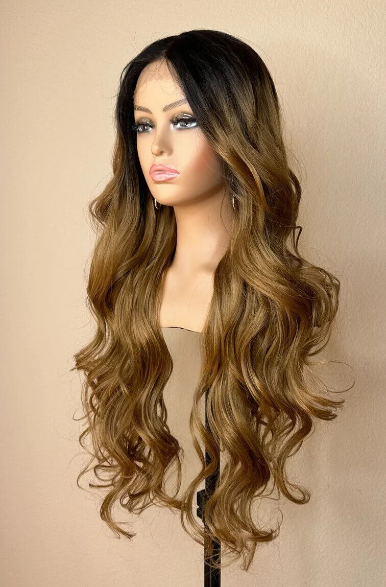 

Honey Blonde Synthetic Wig Dark Brown 4/27 Lace Front Middle Part 24 Inch Long Wavy Wigs