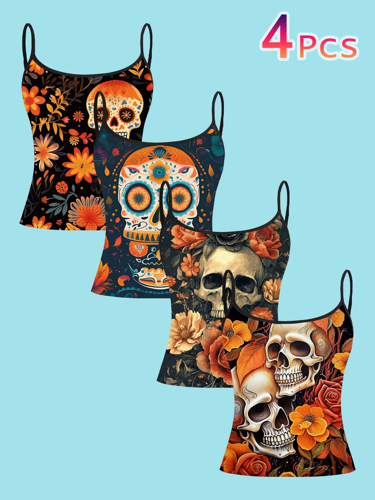 4-Piece Set of Day of the Dead Painted Skeleton Women's Camisoles, Vintage Orange Floral Sugar Skull Print Slim-Fit Spaghetti Strap Short Camisole Tops