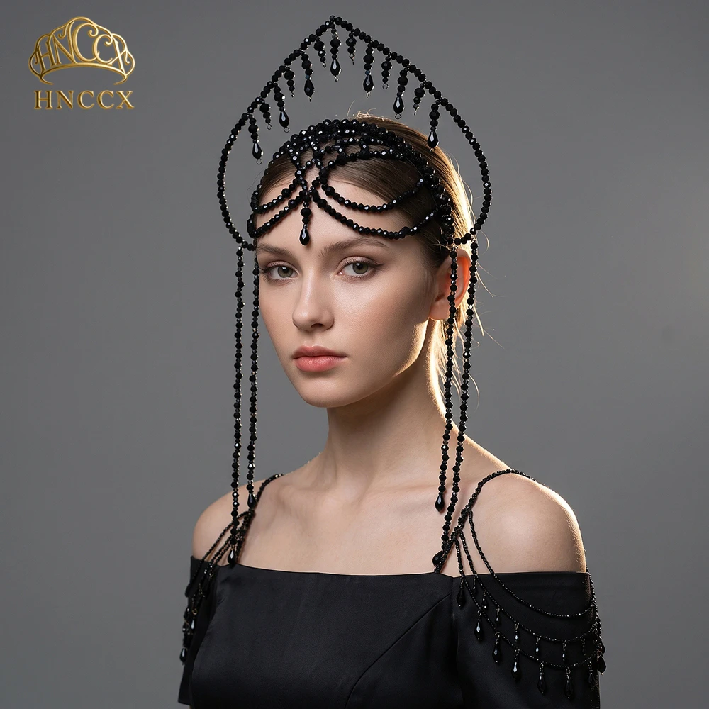 HNCCX Luxury Black Crystal Long Tassel Hair Hoop Fashion Crown Headpiece Vintage Wedding Hair Jewelry Women Gothic Headwear A417