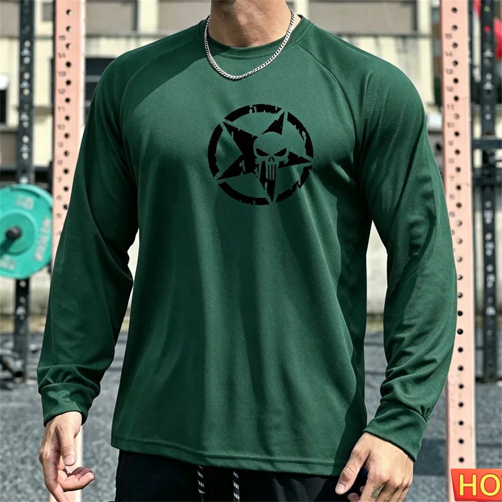 Autumn Men's Long sleeved T-shirt Pentagram Skull Men's Fitness T-shirt Cotton Elastic Sports T-shirt Breathable Graphic T-shirt