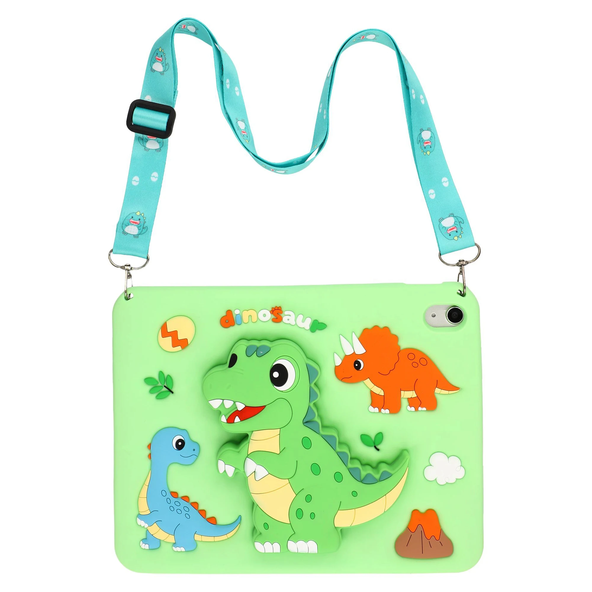 For iPad (2025) / iPad 10.9 (2022) Case Dinosaur Retractable Kickstand Silicone Tablet Cover with Shoulder StrapiPad (2025)