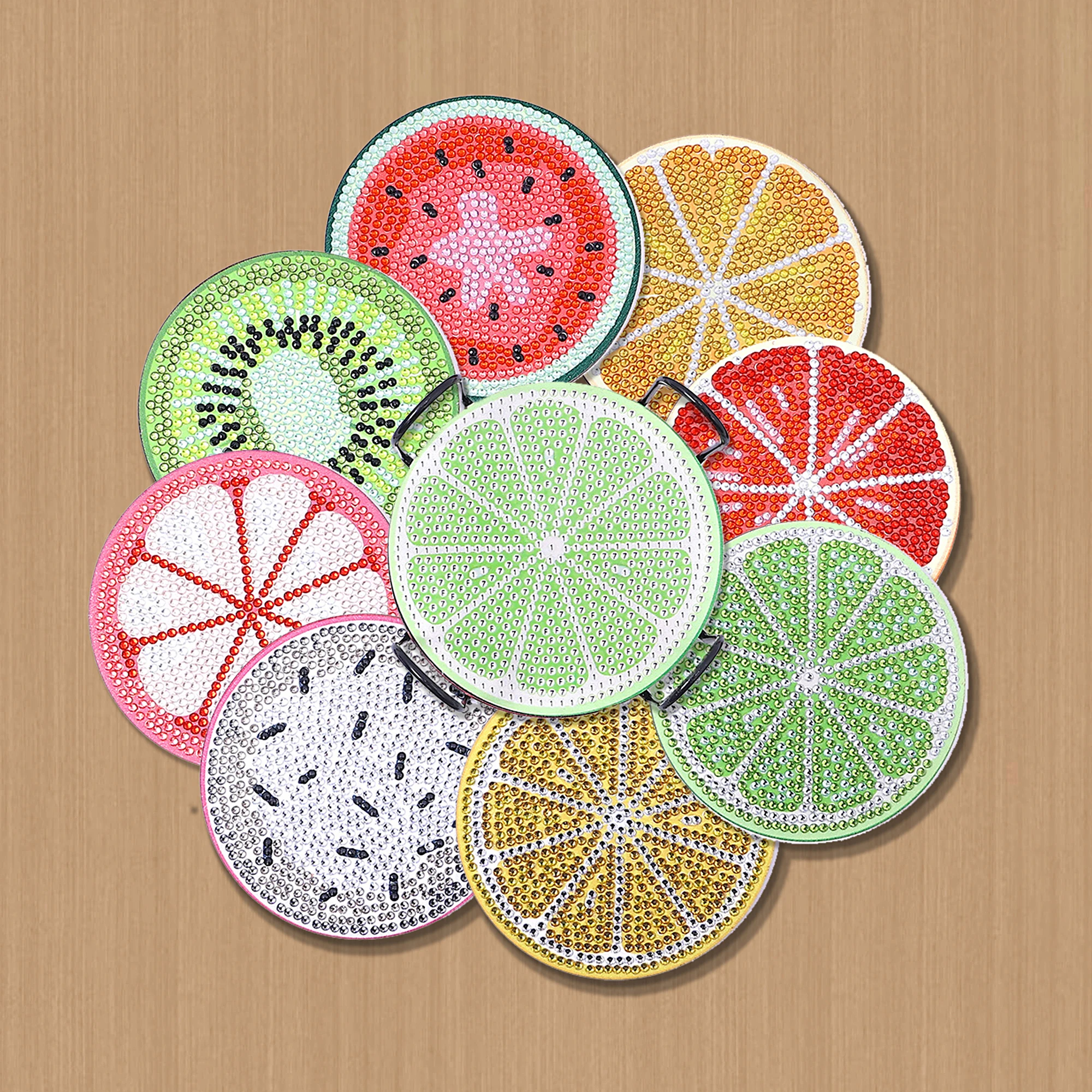 

Hot Selling Colorful Fruit Rhinestone Studded Coaster 8Pcs DIY Slip Resistant Coasters with Holder Souvenirs Gift Ornament