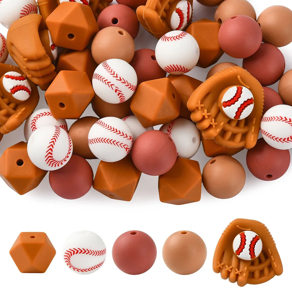 45pcs Baseball Silicone Beads Mix Baseball Glove Round Hexagon Loose Beads for DIY Bracelet Keychain Jewelry Making Handcraft