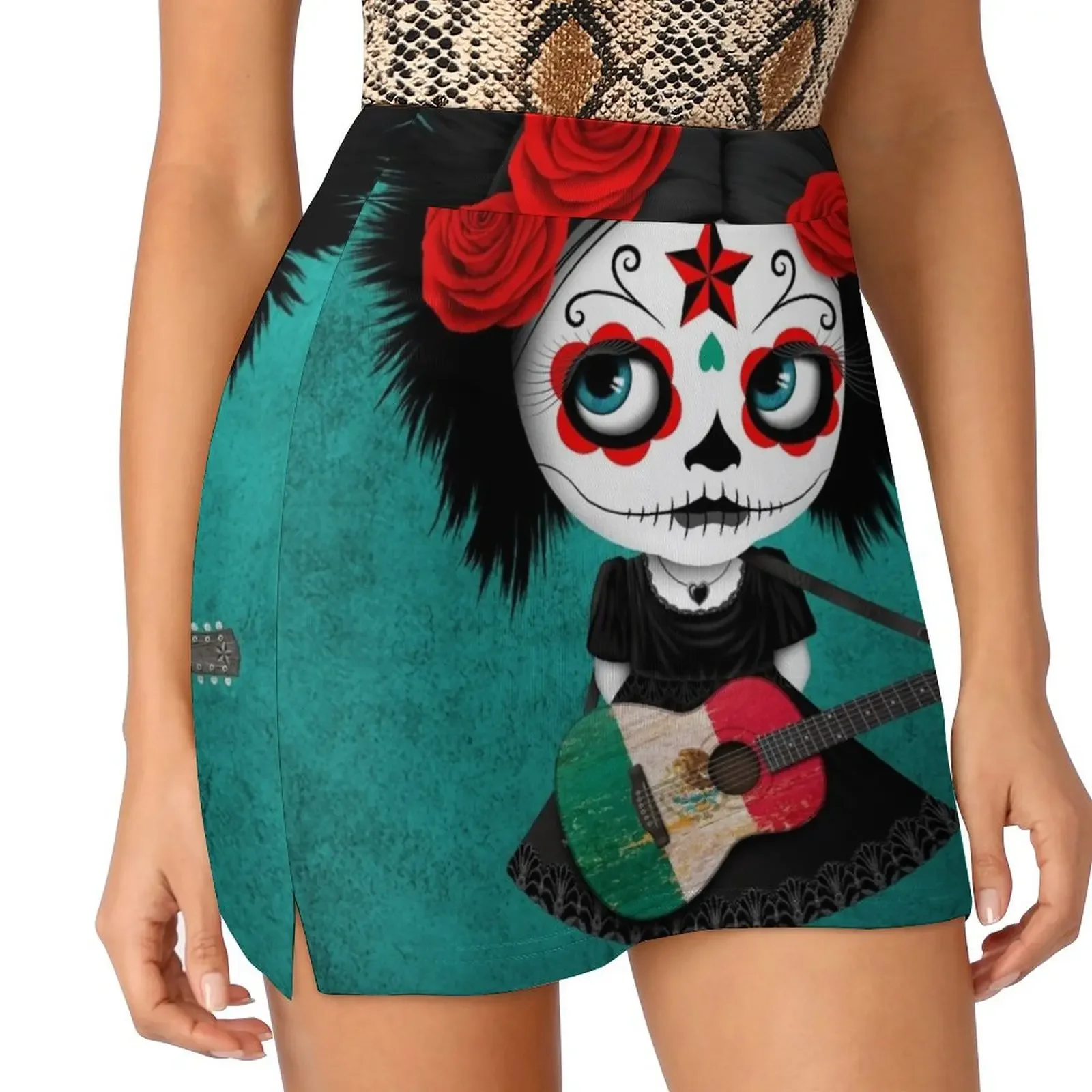 

Sugar Skull Girl Playing Mexican Flag Guitar Mini Skirt dress mini skirt