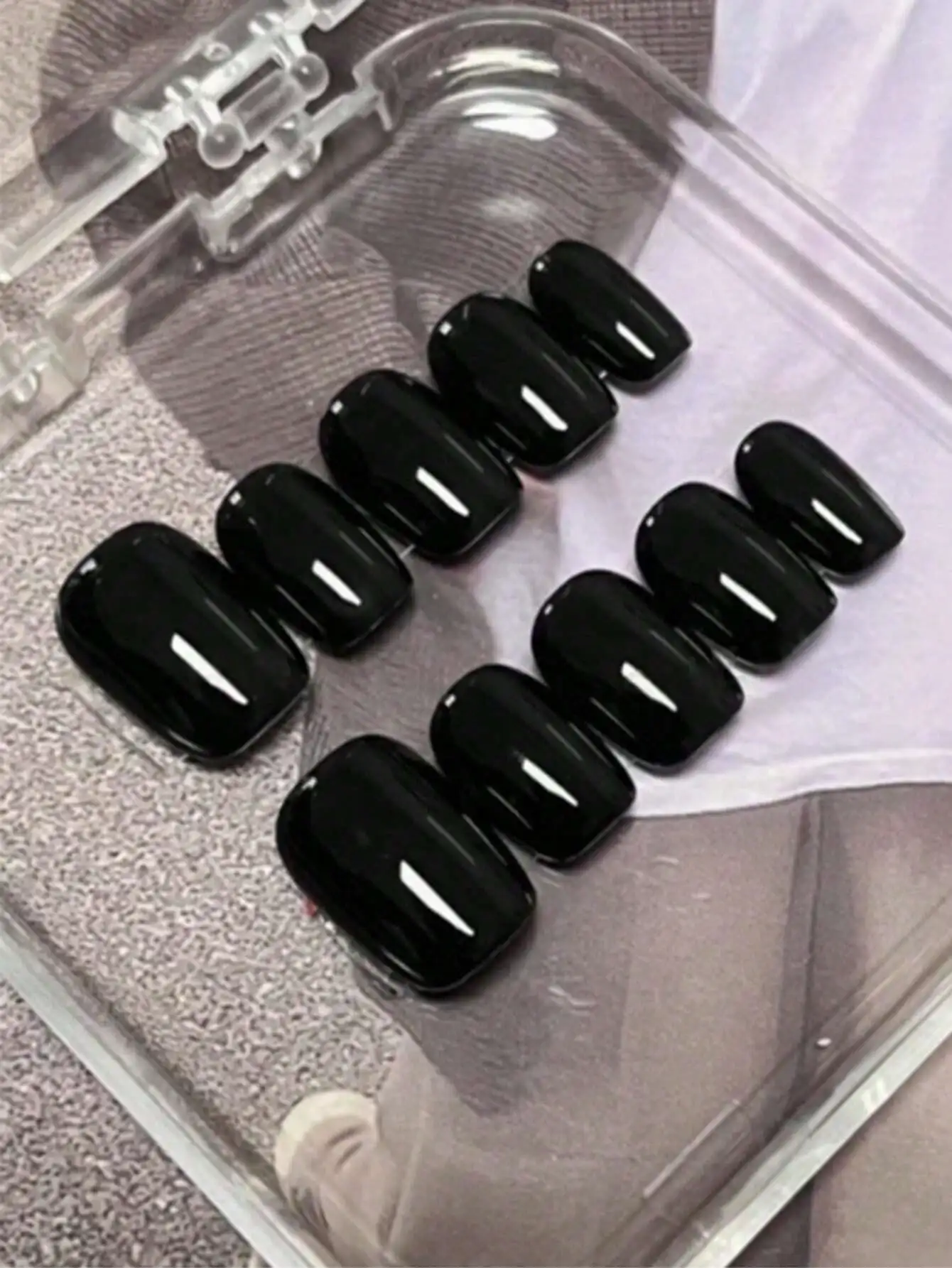 10PCS Original Handcrafted Black Gloss Short Square Press On Nails, Reusable Artificial False Nails for Women