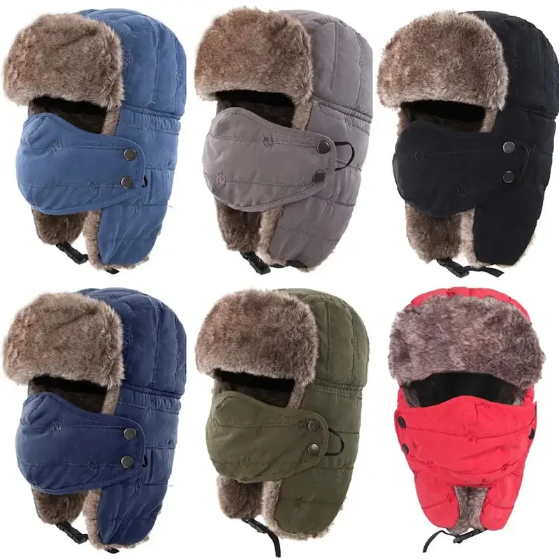 Men's Warm Chunky Trapper Hat Removable Windproof Winter Russian Hats with Mask Hat