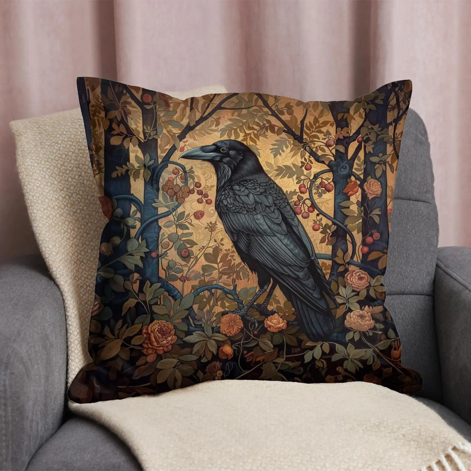 Vintage Gothic Crow Art Pillow Covers Cushion Decor Botanical Prints Dark Academia Style 40x40cm