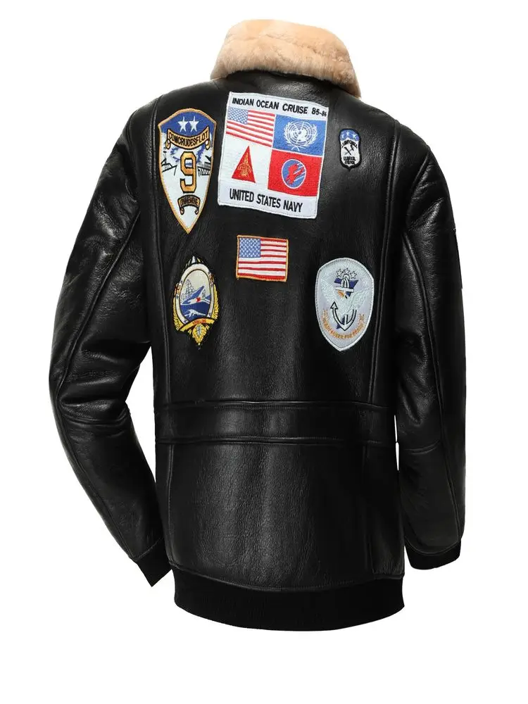 

2024 New Pure Sheep Fur One Air Force Flight Suit Top Gun Leather Jacket Men's Slim Lapel Applique Casual