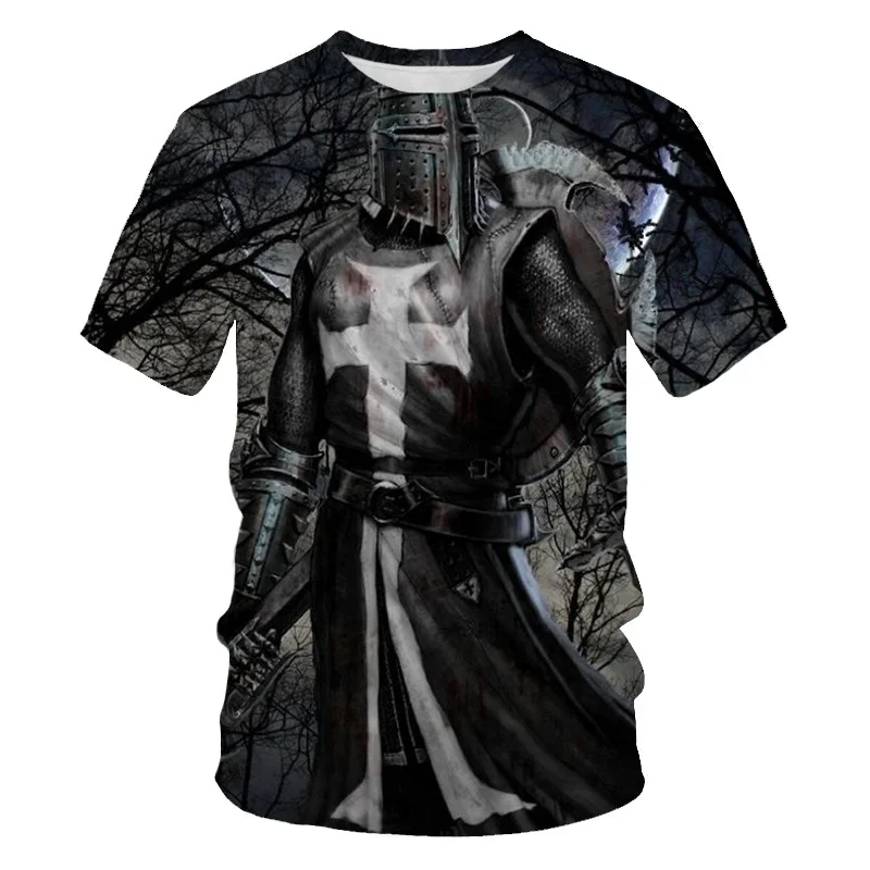 Medieval Knight Templar Print 3D T-shirt Divine Cross Pattern Men's Round Neck Short Sleeve Casual T-shirt Vintage Street Tees