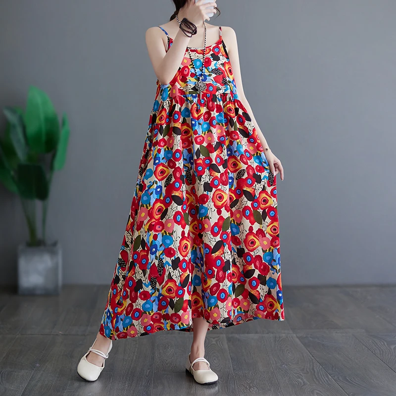 Retro Floral Print Maxi Dr Women's Sweet Mommy Sle Dr Inner Wear Strap Dr Outer Wear Long Dr for Middle-Aged An...