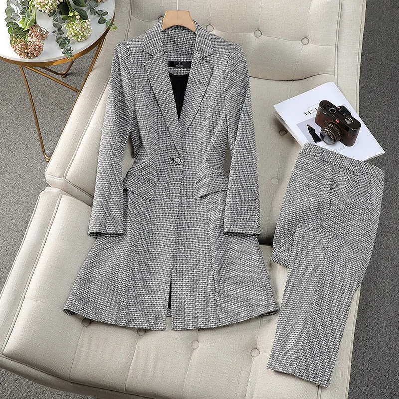 Blazer da donna di lusso pantalone scozzese lungo giacca primavera autunno OL Trench sottile sottile retrรฒ Versatile completo da pendolare