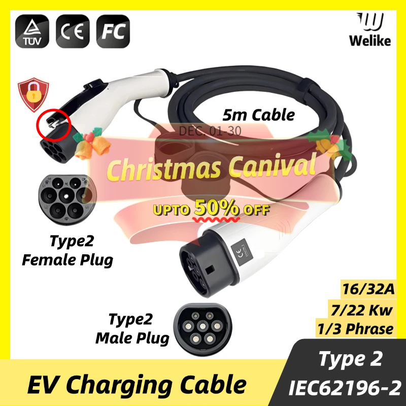 Portable EV Charging Cable 32A 22KW 3 Phase Electric Car Charger 3.5KW 16A 1 Phase EVSE Kit EV Cable Type 2 to Type 2 IEC62196-2