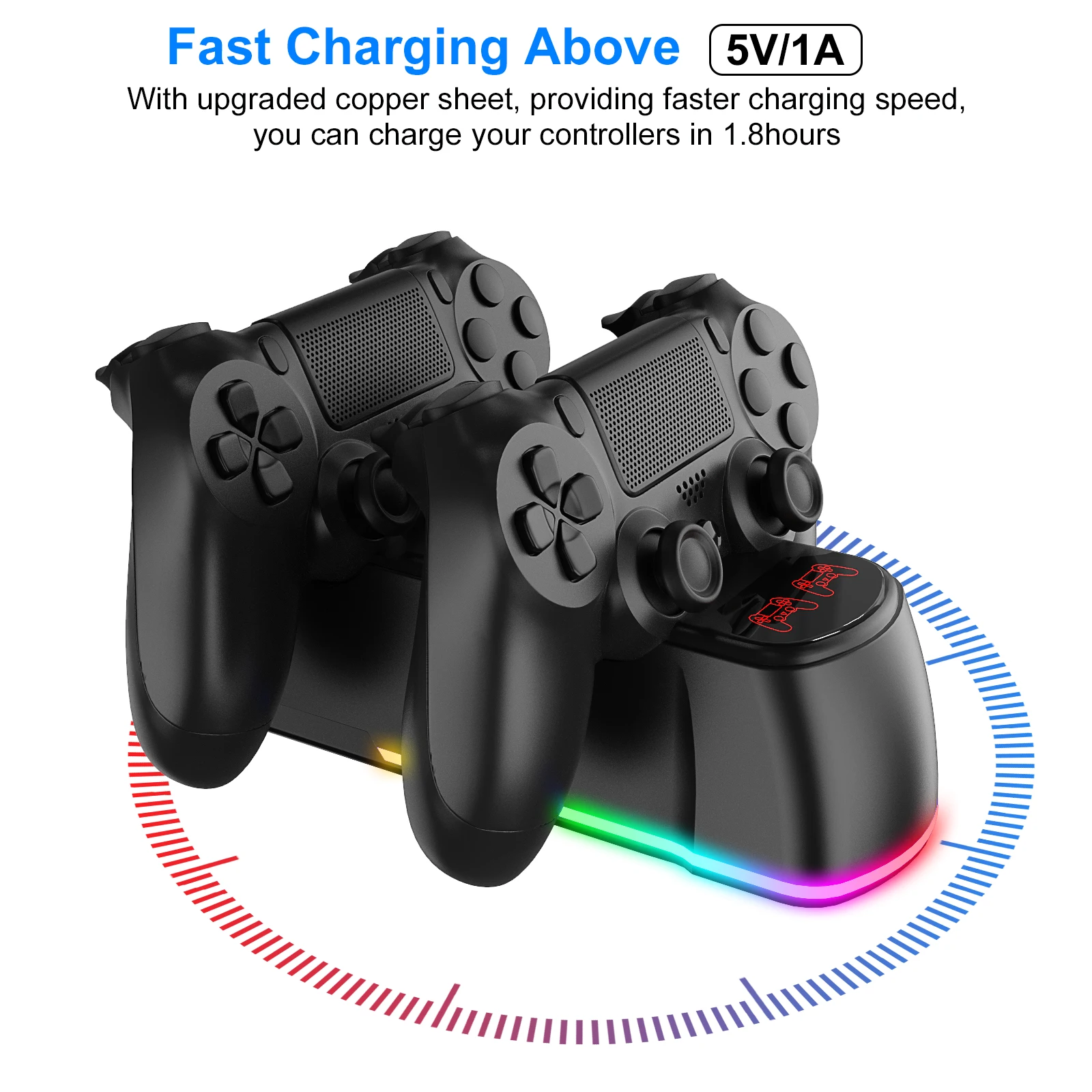 PS4 controller charging dock with indicator for 2 PS4 controllers, optional style (black color light, white color light)