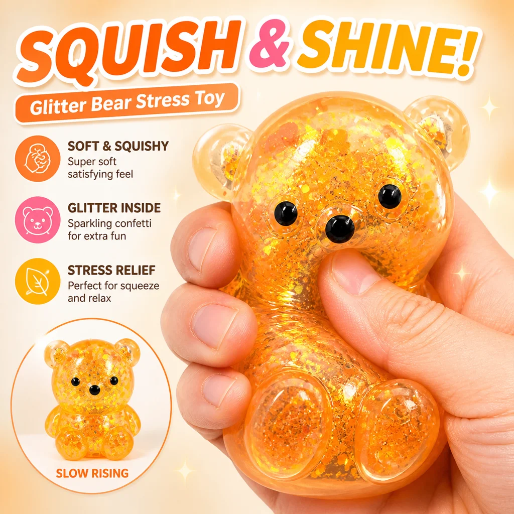 Super Soft Cute Cartoon Glitter Bear Slow Rebound Squishy Toy Squeeze Fidget Stress Relief Gift for Adult Anxiety Stress Relief