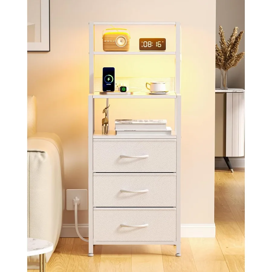 

Night Stand White Bedside Nightstand with 4-Tier Shelves and 3 Fabric Drawers LED Bed Side Tables with Charging Station Tall Dr