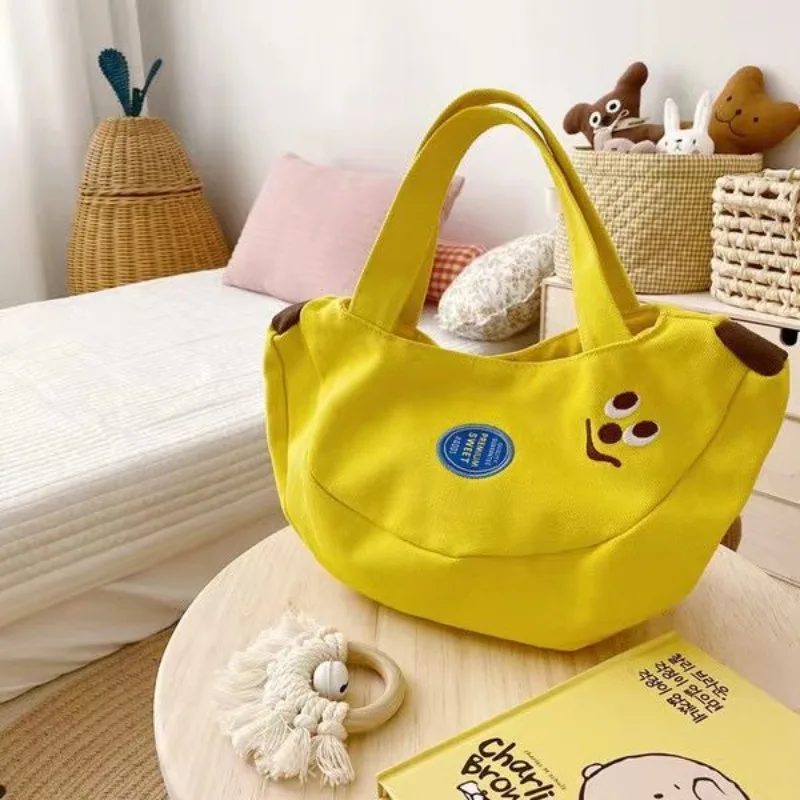 Children's Banana Bag Handbag Girl's Cute Cartoon Embroidered Canvas Bag Convenient Pocket Wallet Mom's Handbag for Going Out