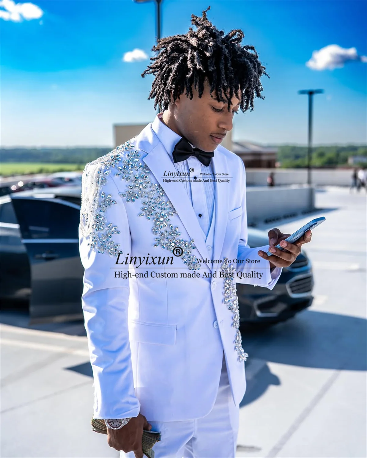High End Diamond Beaded Men Suits 3 Pieces Sets Groom Blazers Customized Wedding Party Tuxedos Formal Man rajes para hombre