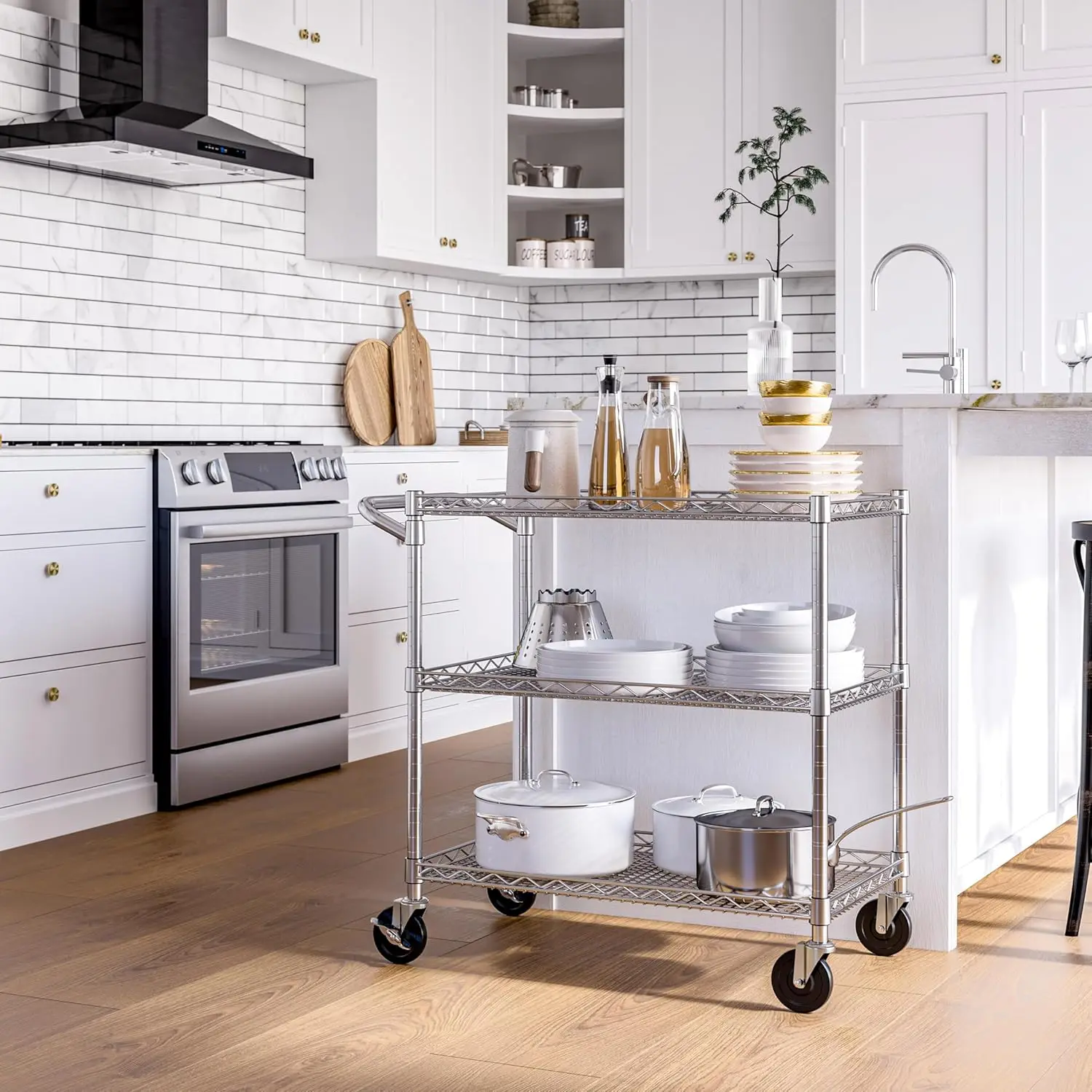 Troli Utilitas Logam UltraTahan Lama Bersertifikasi NSF untuk Komersial, dengan Rak Baja, Pegangan untuk Restoran, Popularitas Baru