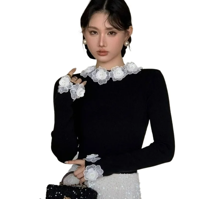 

Новый осенне-зимний модный вязаный топ 2026 года: французская элегантность, женственность, цветочный узор, облегающий силуэт, свитер для женщин, премиум-качество