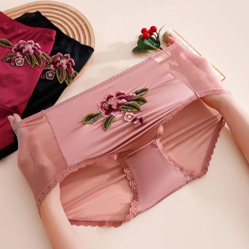 

Light Luxury Women's Underwear Mesh Satin Mid-high Waist Cotton Crotch Embroidery Comfortable for Women New Triangular Underwear