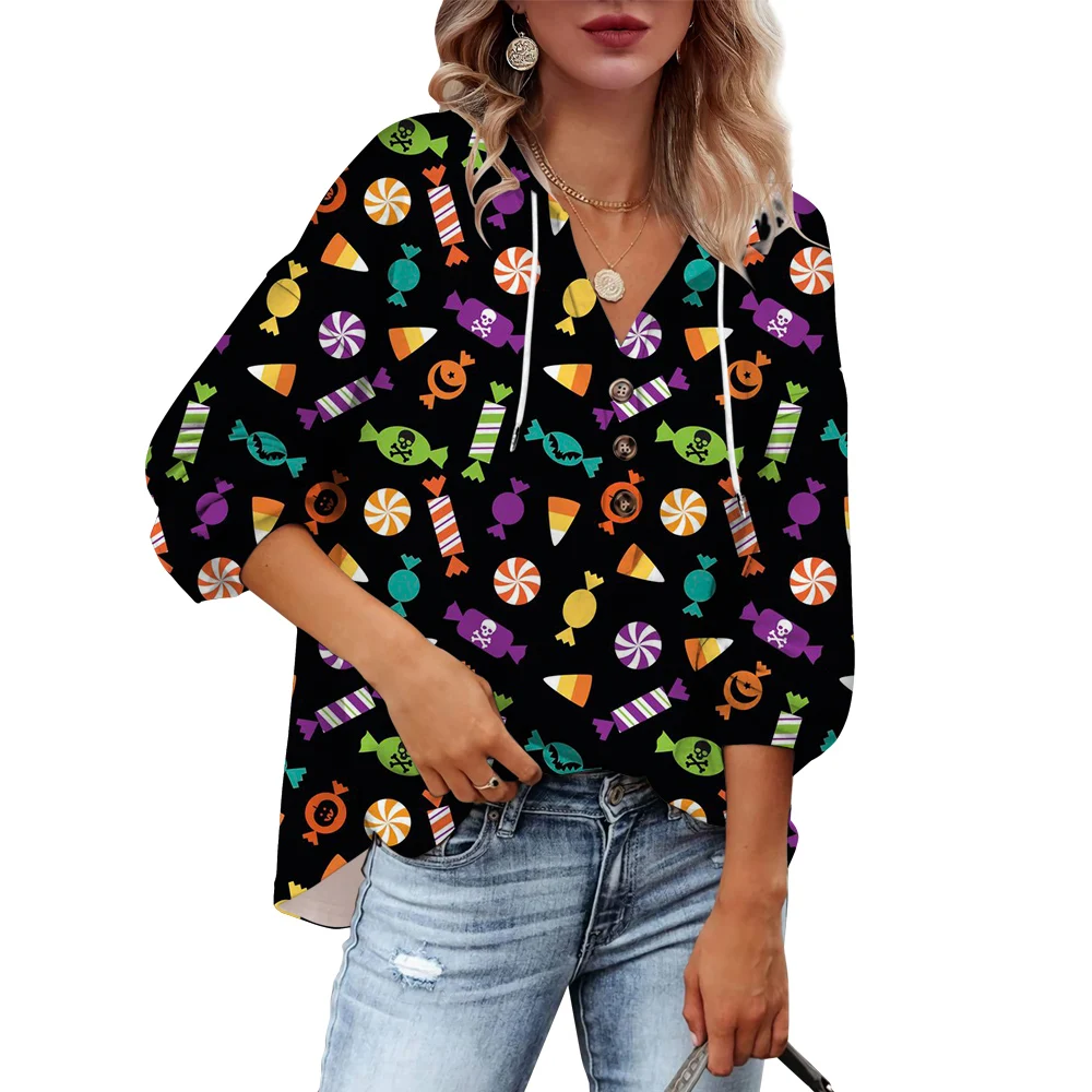 CLOOCL Halloween Women Hoodies Fall Winter New Oversized Pullover Fashion Harajuku Tops Pumpkin Black Cat Print Button Hoodies