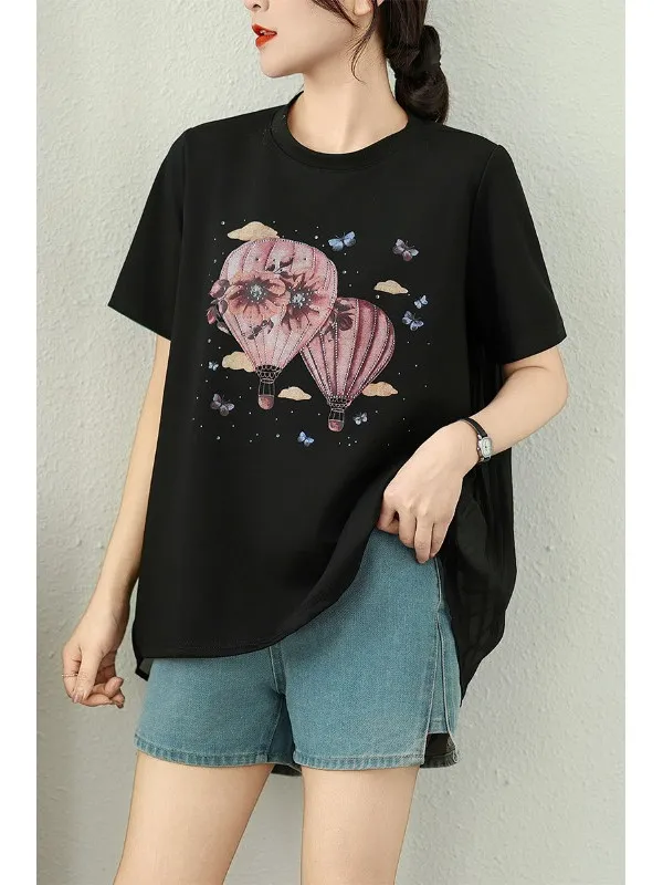 ort Sve T-irt レディース 夏新作 韓国風 ラウンドネック バルーンプリント シフォン プリーツ スプライシング 細見えトップス
