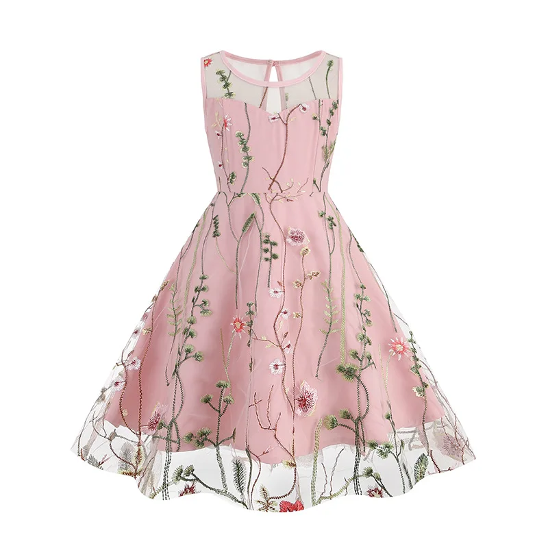 1950s Style Vintage Look Princess Dress for Girls O-Neck Keyhole Back Floral Embroidered Mesh Overlay Party Dresses Kids Clothes