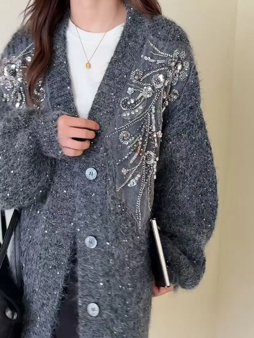 

Heavy Industry Sequined Bead Design Sweater Jacket Women's Tide 2026 Autumn and Winter New Medium and Long Knitted Cardigan
