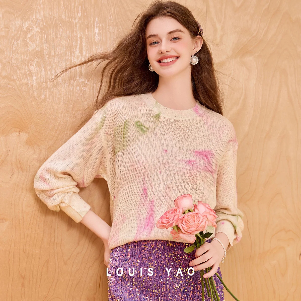 

LOUIS YAO Elegant Color Contrasting Pattern Knitwear 2025 Autumn Hoodie Long Sleeve Micro Elastic Women's Knitted Sweater
